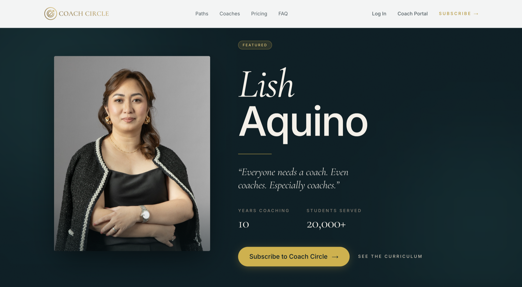 Your public coach page (/your-slug) — photo, name, pillar tagline, niche chips, and social links all rendering from what you saved.